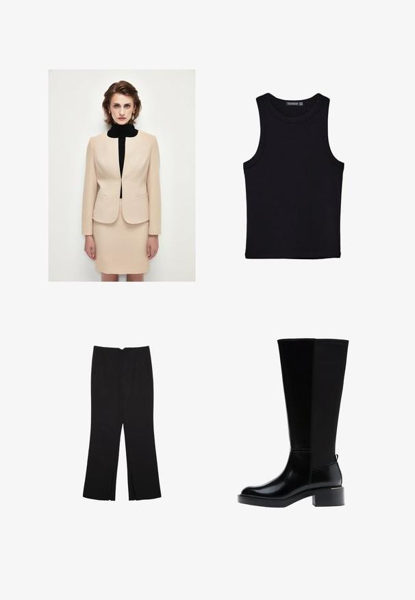 Beige skräddarsydd blazer med rundad halsringning, strukturerade axlar och matchande knälång kjol, lagd över en svart polo-tröja.; Svart linne i bomull, med rund halsringning och breda armhål. Slät yta med sydda fållar. Klassisk, minimalistisk design.; Svarta byxor med rak passform, utrustade med framfickor och sidoklyvningar vid fållen. Tillverkade av mjukt, slätt tyg. Lämpliga för olika tillfällen.; Svart knähög stövel med slät läderfinish, framträdande sömmar, klumpig klack och en texturerad bakpanel för extra detalj.