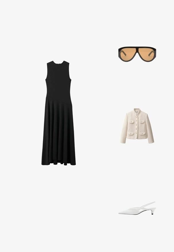Krémová bunda s texturou, vysokým límcem, zlatými knoflíky a dvěma předními kapsami. Má zkrácený střih a strukturovaný design.; Černé maxi šaty bez rukávů s přiléhavým vrškem a rozšířenou sukní, které mají hladkou texturu a minimalistický design, bez viditelných zapínání.; Bílé slingback podpatky se špičatou špičkou, s hladkým svrškem, jemnými výřezy a nízkým blokovým podpatkem. Černá podrážka zvýrazňuje design.; Černé oversized sluneční brýle s hnědými skly, které mají široké, úhlové rámy a rovné nožičky. Hladký lesklý povrch, minimální hardware.; Bílá strukturovaná kabelka s krátkými uchy a ramenním popruhem, zdobená zlatými kovovými prvky a texturovaným materiálem, vystavená na šedém pozadí.