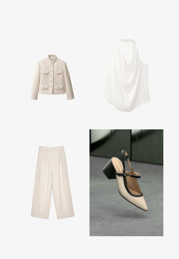 Crème textuurjack met een hoge kraag, gouden knopen en twee voorkeuzepockets. Heeft een cropped fit en een gestructureerd ontwerp.; Witte mouwloze blouse met een gedrapeerde halslijn, gemaakt van een soepele stof, met een vloeiende uitstraling en een gebogen zoom.; Beige wijde pantalon met plooien, met een gladde textuur en riemlussen. Tailored pasvorm, biedt een losse fit rond de benen.; Beige puntige slingback schoen met zwarte rand, gouden gesp en een chunky blokhak op een grijze vloer met een donker groene achtergrond.
