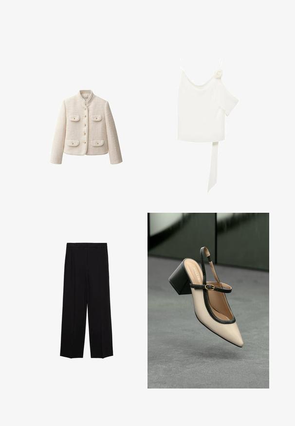 Cremfarbenes, strukturiertes Jackett mit hohem Kragen, goldenen Knöpfen und zwei frontalen Taschen. Hat eine verkürzte Passform und ein strukturiertes Design.; Weißes Blusenshirt mit einem schulterfreien Design, versehen mit einem floralen Akzent auf einer Seite und einem langen, gebundenen Paneel an der Taille. Glatte Textur.; Schwarze weit geschnittene Hosen aus glattem Stoff, mit Falten an der Vorderseite und seitlichen Taschen, entworfen in einem geraden, lässigen Schnitt.; Beige Slingback-Schuh mit spitzer Zehenpartie, schwarzer Umrandung, goldener Schnalle und dicker Blockabsatz auf grauem Boden vor dunklem grünen Hintergrund.