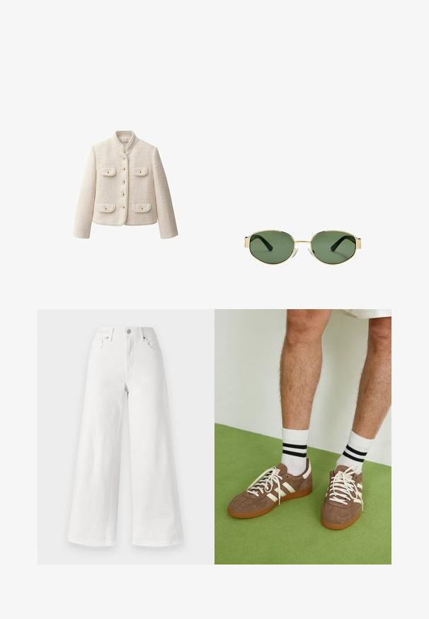 Giacca in crema dalla trama testurizzata con colletto alto, bottoni dorati e due tasche frontali. Caratterizzata da una vestibilità cropped e un design strutturato.; Maglietta a maniche lunghe in tessuto color crema, con una leggera arricciatura sui lati e un colletto classico. Texture liscia, design semplice.; Jeans bianchi a gamba larga in denim, con vita alta, design a quattro tasche e orlo grezzo in fondo per una texture interessante.; Sneaker in suede marrone con dettagli e lacci bianchi. Suola in gomma color gomma. Indossati con calzini bianchi con righe nere. Pavimento verde texturizzato.; Occhiali da sole con montatura dorata e lenti verdi, forma ovale, stanghette nere e naselli trasparenti. Design pulito e minimalista.