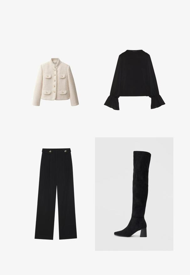 Cream textured jacket with a high collar, gold buttons, and two front pockets. Features a cropped fit and structured design.; Black long-sleeve top featuring flared cuffs, soft texture, and a relaxed fit, with a simple round neckline.; Black wide-leg trousers with high waist, button details on waistband, and front pleats.; Black suede knee-high boot with block heel, pointed toe, and smooth, seamless design on a plain light background.