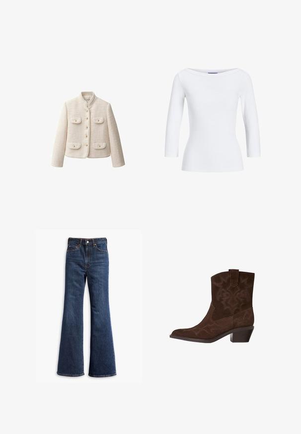 Cream textured jacket with a high collar, gold buttons, and two front pockets. Features a cropped fit and structured design.; White ribbed long-sleeve top with a boat neckline. The fabric is smooth, form-fitting, and features a clean finish at the cuffs and hem.; High-waisted dark blue denim jeans with flared legs, front button and zipper closure, and five-pocket design.; Brown suede cowboy boot with a pointed toe, decorative stitching patterns, ankle height, and a stacked heel. Features a pull tab for easy wearing.