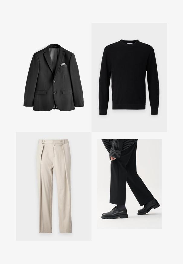 Fekete zakó sima anyagból. Bevarrott hajtókával, két elülső zsebbel és selyem bélésű belső résszel rendelkezik, zsebkendővel.; Fekete kötött pulcsi kerek nyakkivágással, hosszú ujjakkal és bordázott textúrával. Egyenes szegéllyel és minimalista dizájnnal rendelkezik.; Beige színű, sima felületű nadrág, egyenes lábbal, két elülső redővel, oldalsó zsebekkel és övhurkokkal. Gyűrődésálló anyag.; Fekete bőr cipők kerek orral, fűzős kialakítással és vastag, texturált talppal. Öltönyös fekete nadrággal és bordázott pulóverrel viselve.