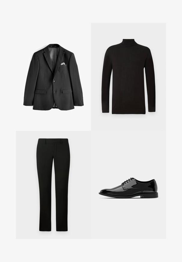 Chaqueta de traje negra hecha de tela suave. Presenta solapas con muescas, dos bolsillos frontales y un interior forrado en satén con un pañuelo de bolsillo.; Suéter negro de cuello alto en una suave tela de punto. Presenta mangas largas y un diseño ajustado con un cuello y un dobladillo acanalados. Marca mínima.; Pantalones negros con un corte a medida, que presentan una textura suave y un diseño de pierna recta. La cintura tiene pasadores para cinturón y un acabado limpio.; Zapato de vestido de charol negro con puntera redondeada, diseño de cordones y superficie lisa y brillante. Cuenta con una suela de goma de perfil bajo.