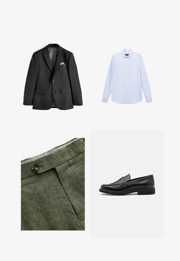 Giacca nera in tessuto lucido. Presenta rever a portafoglio, due tasche frontali e un interno foderato in satin con un fazzoletto da taschino.; Camicia azzurra a maniche lunghe con colletto classico, orlo dritto e una trama sottile. Presenta una chiusura centrale con bottoni.; Pantaloni in lino verde oliva con piega frontale, dotati di chiusura con bottone e una fodera a quadretti a contrasto nella cintura.; Mocassini sintetici neri con una spessa cucitura frontale, soletta imbottita e suola piatta in gomma; design elegante con dettagli minimi.