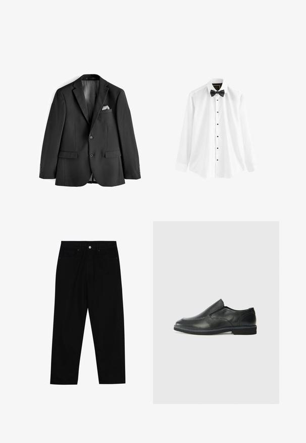 Juodas švarkas, pagamintas iš lygaus audinio. Savybės: suapvalinti atlapai, dvi priekinės kišenės ir atlasinė pamušalo vidinė pusė su kišeniniu kvadratu.; Balta medvilninė marškinėliai su ilgomis rankovėmis, juoda kaklaraištis-varlyte ir juodais mygtukais per visą priekį.; Juoda džinsinė kelnė su tiesiu kirpimu, penkių kišenių dizainu ir priekiniais mygtukais. Lygus paviršius su minimaliu siuvimo detalėmis.; Juodai odiniai įtvirtinimo batai su lygiu paviršiumi, siuvinėjimo akcentais, apvalia nosimi ir žemu guminiu kulnu. Pado raštas minimalus.