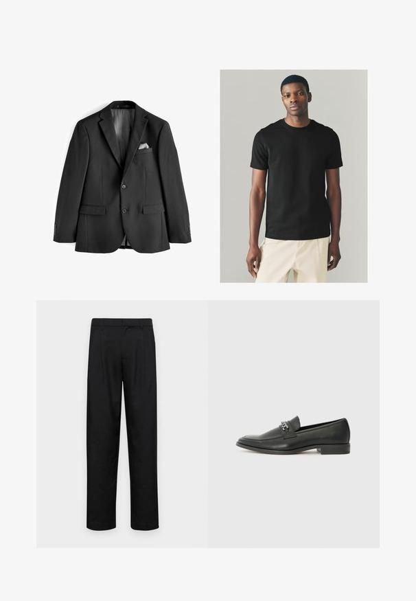 Mustavärviline ülikond, mis on valmistatud siledast kangast. Omab nurgelisi krae, kahte eesmist taskut ja satiintrükitud voodrit, kus on taskurätik.; Must musta T-särk lühikeste varrukatega, ümmargune kaelus ja vormitud siluett, kombineeritud heleda värvusega pükstega. Sile tekstuur.; Mustad mustadest riietest, millel on sirge jalgade disain, kaks eesmist voltimist ja tavaline vöökoht, millel on vöökohad.; Must haveate nahkking punased, millel on sile viimistlus, tikitud muster ja dekoratiivne metallkett vampi üle. Tasane konts.