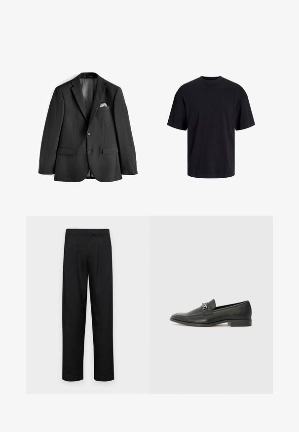 Schwarze Anzugjacke aus glattem Stoff. Sie hat eine gekerbte Rever, zwei Vorderaschen und ein mit Satin gefüttertes Innenfutter mit einem Einstecktuch.; Schwarzes Baumwoll-T-Shirt mit Rundhalsausschnitt, kurzen Ärmeln und lässiger Passform. Glatte Oberflächenstruktur und keine sichtbaren Muster oder Akzente.; Schwarze Hose aus glattem Stoff, mit geradem Bein Design, zwei vorderen Falten und einem Standardbund mit Gürtelschlaufen.; Schwarzer Lederloafer mit glatter Oberfläche, ausgestattet mit einer gesteppten Gestaltung und einem dekorativen Metallkettendetail über dem Vorderblatt. Flacher Absatz.