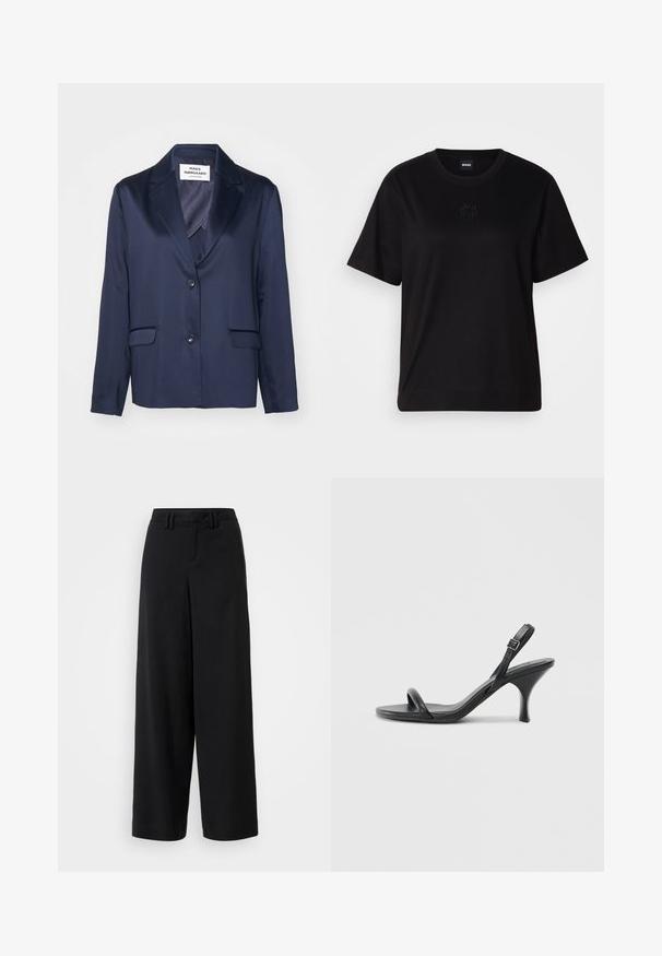 Marineblazer laget av glatte stoffer med notklapp, en knapp-lukking og to frontlommer. Har et enkelt, strømlinjeformet design.; Svart bomull T-skjorte med rund hals, korte ermer og et brodert logo på brystet. Enkel, avslappet passform uten mønstre.; Sorte brede bukser laget av glatt stoff, med flat frontdesign, plisserte detaljer og beltehemper i midjen.; Sorte skinnhøye hæler med en slank, buet hæl og et kryssrem-design. Justerbar ankelrem. Glatt tekstur.