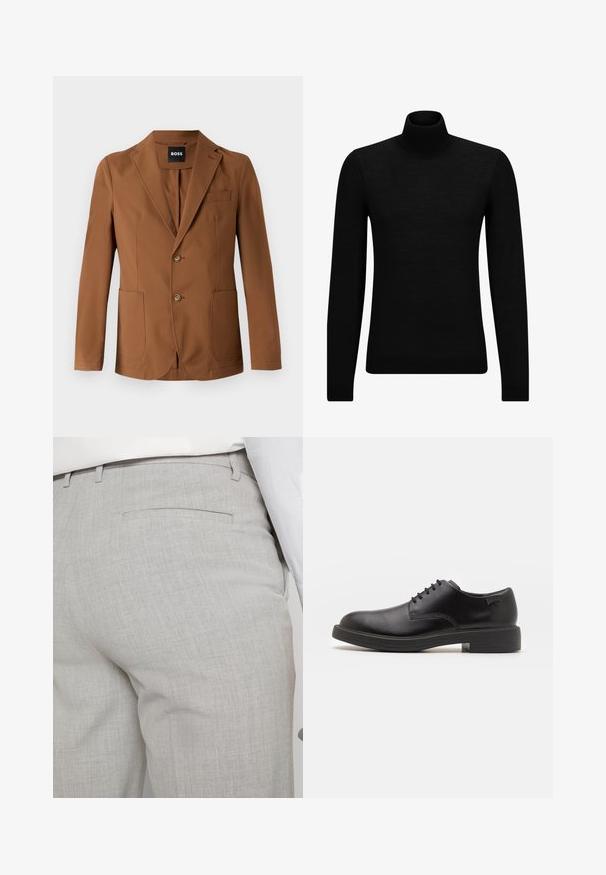Brown blazer made of a smooth fabric, featuring a notched lapel, two front pockets, two buttons, and a single chest pocket.; Black turtleneck sweater made of soft material, featuring long sleeves and a snug fit. Ribbed trim at the hem and cuffs. Simple design.; Light gray tailored trousers made of textured fabric, featuring a single back pocket and clean stitching.; Black leather lace-up shoe with a rounded toe, smooth texture, minimal stitching, and a low rubber heel. Logo on the heel.