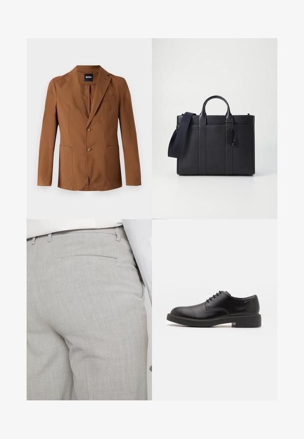 Brown blazer made of a smooth fabric, featuring a notched lapel, two front pockets, two buttons, and a single chest pocket.; Black turtleneck sweater made of soft material, featuring long sleeves and a snug fit. Ribbed trim at the hem and cuffs. Simple design.; Light gray tailored trousers made of textured fabric, featuring a single back pocket and clean stitching.; Black leather lace-up shoe with a rounded toe, smooth texture, minimal stitching, and a low rubber heel. Logo on the heel.; Dark navy leather briefcase with dual top handles and a detachable strap. Features textured finish, vertical stitching, and logo detail.