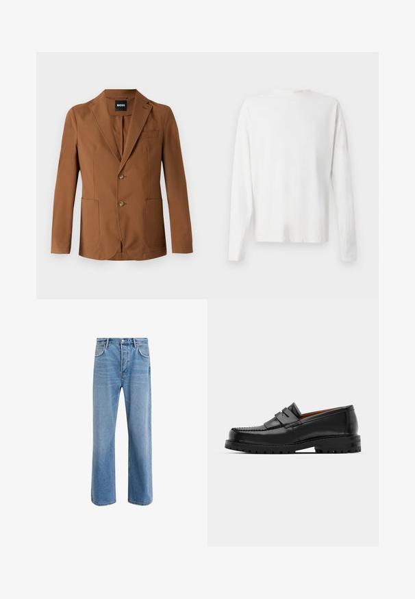 Blazer marrone realizzato in un tessuto morbido, con rever a punta, due tasche anteriori, due bottoni e una tasca sul petto.; Camicia bianca in cotone a maniche lunghe con scollatura rotonda, spacchi laterali in fondo e una texture liscia, mostrata da dietro.; Jeans in denim blu chiaro con design a gamba dritta, cinque tasche, chiusura con bottone, leggero sbiadimento e dettagli di cucitura a contrasto.; I mocassini in pelle nera presentano una cucitura sollevata, due fasce decorative sulla parte superiore e una suola spessa e texture per una maggiore aderenza.