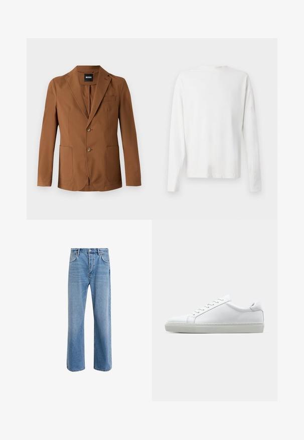 Pruun bleiser sileda kangaga, millel on lõigatud krae, kaks esist taskut, kaks nööpi ja üks rinna-tasku.; Pikad varrukad, valge puuvillane särk ümmarguse kaelusega, külgedel lõhikud all ja sile tekstuur, nähtav tagant.; Heledad sinine teksapüksid otse lõikega, viie taskuga, nupuga sulgemine, minimaalne kulumine ja kontrastsed õmbluse detailid.; Valge tennisetoss, millel on sile nahk pealis ja madal profiil. Omab ümarat ninaosa, kuut silmust ja tekstuuriga kummist talda.