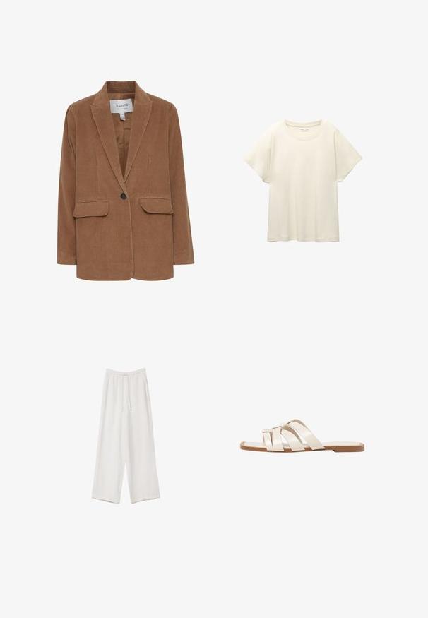Smeđi kordura sako s izrezanim reverima, dva prednja džepa, zatvaranje na jedan gumb i glatku unutarnju podstavu.; Svijetlo bež majica kratkih rukava s okruglim izrezom, izrađena od meke, glatke tkanine. Karakterizira je opušteni kroj i ravni rub.; Bijele hlače širokih nogavica napravljene od lagane tkanine. Imaju elastičan pojas s ušicom i bočne džepove. Glatka tekstura.; Ravne sandale s smeškom od gume, dizajnirane s tri preklapajuće bele kožne trake i malim detaljem mašne u sredini.