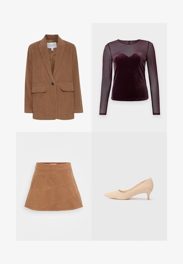 Brown corduroy blazer with notched lapels, two front pockets, single button closure, and a smooth interior lining.; Burgundy long-sleeve top featuring a velvet bodice with a heart neckline and sheer mesh sleeves, smooth texture, and fitted design.; Brown corduroy mini skirt with a flared design, featuring diagonal seams and a smooth texture. Flat waistband at the top.; Beige suede high-heeled pump with a pointed toe and a slim, 2-inch heel. Smooth texture with minimal detailing on the upper surface.