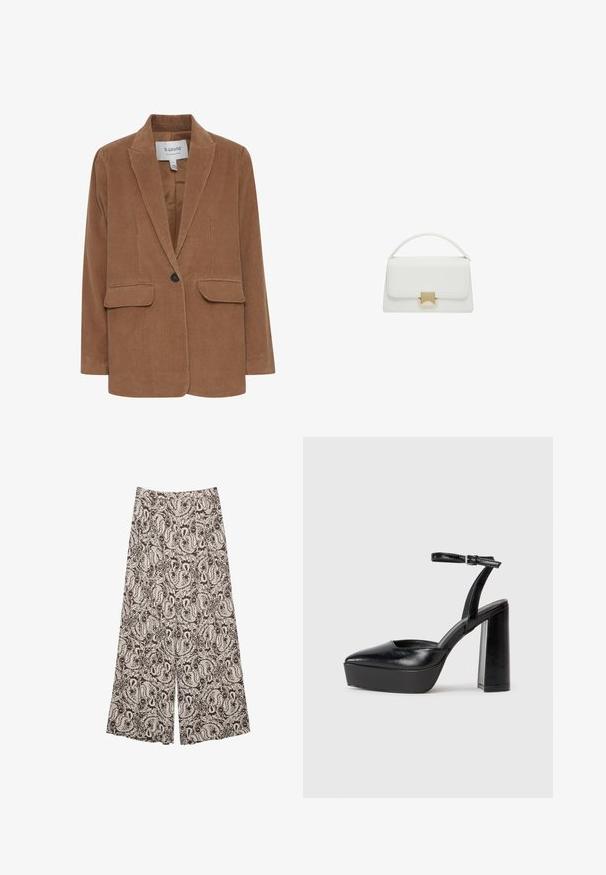 Braune Cord-Jacke mit Revers, zwei Fronttaschen, Ein-Knopf-Verschluss und glatter Innenausstattung.; Weißes Top mit Halterneck und tiefem V-Ausschnitt. Aus einem glatten, leichten Stoff gefertigt. Mit verstellbarem Band am Rücken.; Hochtaillierte weit geschnittene Hose im braun-creamfarbigen Paisleymuster mit glatter Textur. Geeignet für Freizeitkleidung.; Schwarze Plateau-High Heels mit spitzem Zeh und verstellbarem Knöchelriemen. Gefertigt aus glattem Leder und mit einem klobigen Blockabsatz.; Weiße Lederhandtasche mit strukturiertem Design, ausgestattet mit einem oberen Griff und einem goldfarbenen Verschluss. Glatte Textur und minimalistische Akzente.