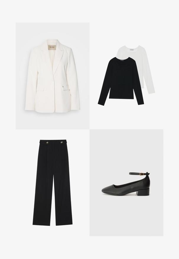 Blazer bianco con vestibilità sartoriale, revers a punta, due tasche frontali e chiusura con un bottone. Tessuto liscio con una leggera lucentezza.; Due magliette a maniche lunghe, una nera e una bianca, entrambe con scollo quadrato e realizzate in un tessuto morbido e elasticizzato.; Pantaloni neri a gamba larga con vita alta, dettagli con bottoni in vita e pieghe frontali.; Pump in pelle nera con punta affusolata e tacco basso a blocco. Presenta una cinghia alla caviglia con una fibbia in tonalità oro. Texture liscia.