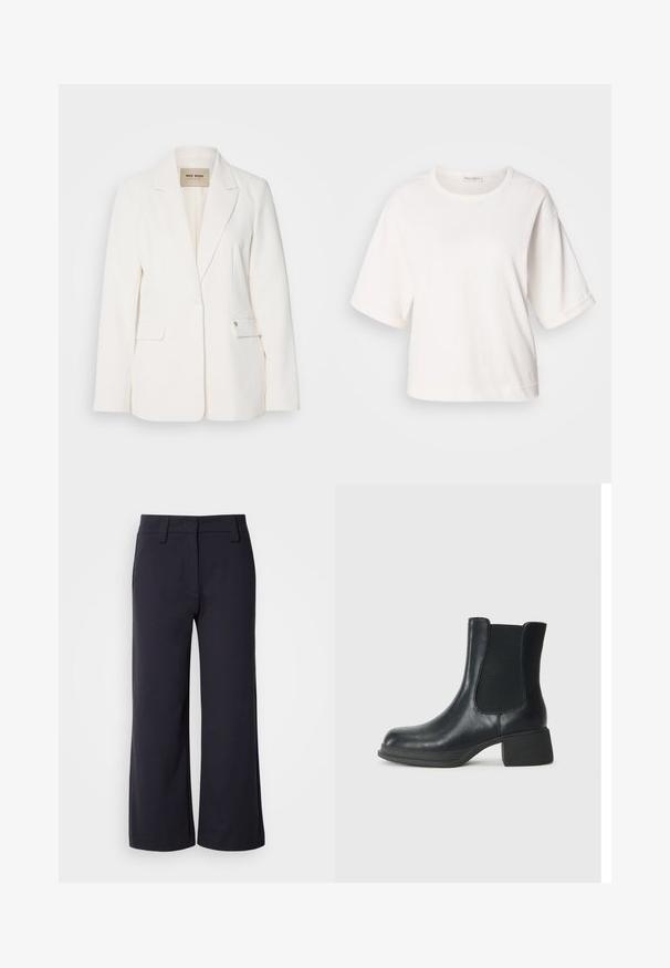Blazer blanc à coupe ajustée, avec revers en pointe, deux poches avant et fermeture à un bouton. Tissu lisse avec un léger effet satiné.; T-shirt en coton blanc avec une coupe décontractée, des manches courtes retroussées, un col rond et une texture lisse. Design simple et minimaliste.; Pantalons à jambes larges en tissu bleu marine foncé. Avec une taille plate, des passants de ceinture et des poches latérales. Le matériau est lisse avec une légère élasticité.; Bottine en cuir noir avec panneaux latéraux élastiques, bout rond et petit talon en bloc. La surface a une texture lisse et un minimalisme dans les détails.