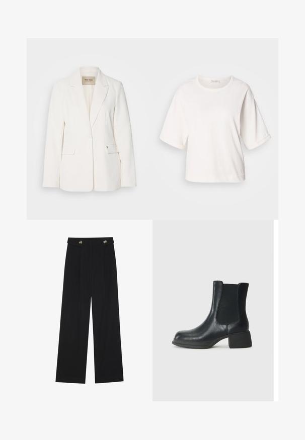 Blazer blanc à coupe ajustée, avec revers en pointe, deux poches avant et fermeture à un bouton. Tissu lisse avec un léger effet satiné.; T-shirt en coton blanc avec une coupe décontractée, des manches courtes retroussées, un col rond et une texture lisse. Design simple et minimaliste.; Pantalons larges noirs à taille haute, avec des détails de boutons à la taille et des plis sur le devant.; Bottine en cuir noir avec panneaux latéraux élastiques, bout rond et petit talon en bloc. La surface a une texture lisse et un minimalisme dans les détails.