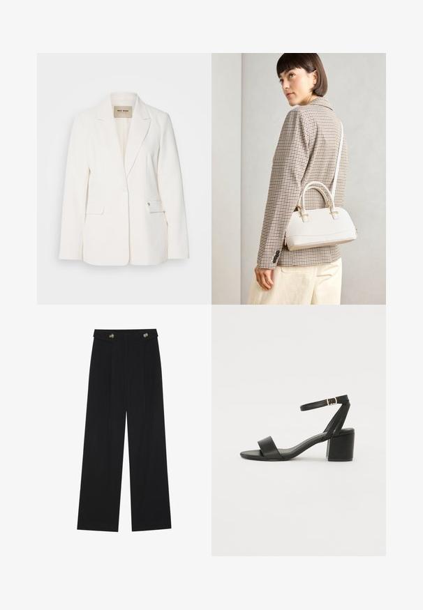 Blazer branco com corte ajustado, lapelas em bico, dois bolsos frontais e fecho de um único botão. Tecido suave com um brilho sutil.; T-shirt branca de algodão com um corte descontraído, mangas curtas com punhos, gola redonda e uma textura suave. Design simples e minimalista.; Calças largas pretas com cintura alta, detalhes em botão na cintura e pregas frontais.; Sandal de salto alto preto com um cabedal em couro liso, biqueira aberta, tiras frontais largas e tirante no tornozelo ajustável com detalhe em fivela dourada.; Bolsa estruturada branca com alças curtas e uma alça de ombro, com detalhes em hardware dourado e material texturizado, exibida contra um fundo cinza.