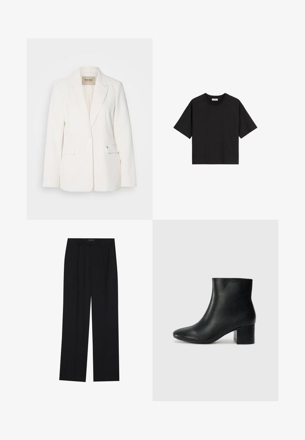 Blazer blanc à coupe ajustée, avec revers en pointe, deux poches avant et fermeture à un bouton. Tissu lisse avec un léger effet satiné.; T-shirt en coton noir à manches courtes, avec un col rond et une coupe décontractée. Texture lisse et design simple sans motifs ni embellissements.; Pantalons noirs à coupe droite, dotés de deux poches avant et d'une taille. Fabriqués dans un tissu lisse et léger.; Bottines en cuir noir avec un bout pointu et un talon épais. Texture lisse avec des accents minimalistes et un design élégant et ajusté.