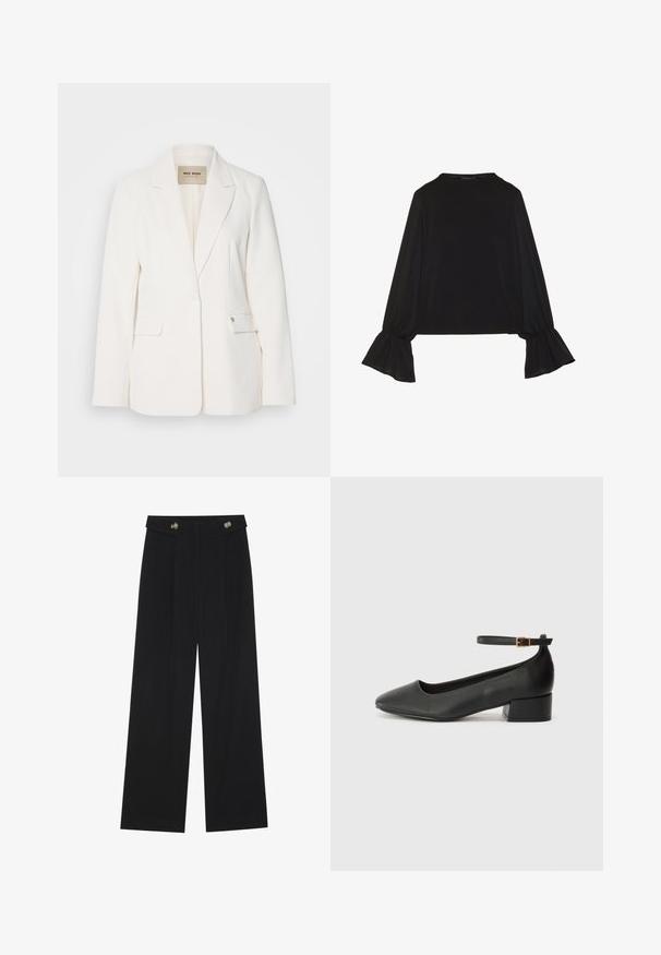 Weißer Blazer mit taillierter Passform, Reverskragen, zwei Fronttaschen und einer Knopfleiste. Glattes Material mit dezentem Glanz.; Schwarz langärmliges Oberteil mit ausgestellt geschnittenen Bündchen, weicher Textur und entspannter Passform, mit einem schlichten runden Halsausschnitt.; Schwarze weite Hosen mit hoher Taille, Knopfdetails am Bund und vorderen Falten.; Schwarze Lederpumps mit spitzem Zehenbereich und niedrigem Blockabsatz. Mit einem Knöchelriemen und einer goldfarbenen Schnalle. Glatte Textur.