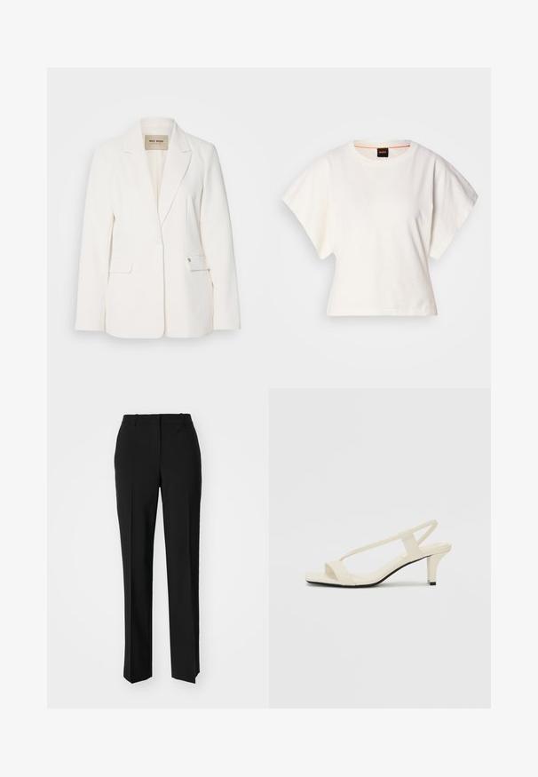 Blazer blanc à coupe ajustée, avec revers en pointe, deux poches avant et fermeture à un bouton. Tissu lisse avec un léger effet satiné.; T-shirt blanc cintré, manches courtes et larges, en coton doux, décolleté rond avec une discrète bordure orange, design minimaliste, sans motifs ni graphiques.; Pantalon noir ajusté avec une coupe droite, présentant une texture lisse et des plis nets sur le devant. Aucune quincaillerie visible.; Sandales beiges à talons carrés avec des fines brides et un bout carré. Matière lisse avec des détails minimaux, conçues pour un port facile.