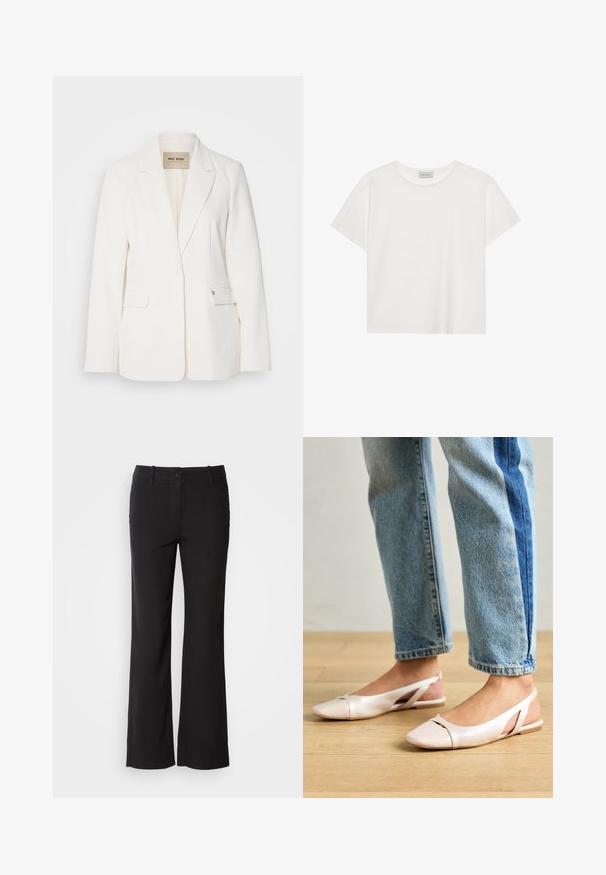 Balta švarkas su pritaikytu siluetu, notch tipo atlapais, dviem priekinėmis kišenėmis ir vienu mygtuku užsegimu. Skaidrus audinys su subtiliu blizgesiu.; Balta trumpa rankovė T-marškiniai, pagaminti iš minkštos medvilnės. Charakterizuojami apvali kaklo iškirpte ir laisvu siluetu. Švarus dizainas be matomų raštų ar akcentų.; Juodi medvilnės mišinio kelnės su tiesiu kirpimu, priekyje su mygtukų užsegimu ir dviem šoninėmis kišenėmis. Lygi tekstūra, be matomų raštų.; Šviesiai rožiniai slingback baleto bateliai su smailiu pirštu, pagaminti iš lygios odai panašios medžiagos. Yra išpjovimų detalės šonuose ir plokščias kulnas.