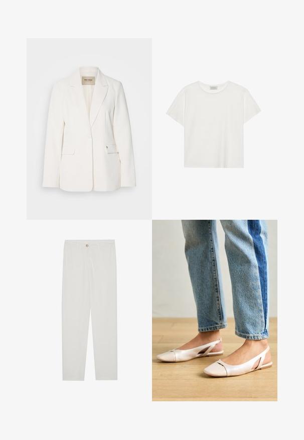 Hvid blazer med skræddersyet pasform, klapkraver, to forlommer og en enkelt knaplukning. Glat stof med subtil glans.; Hvid kortærmet T-shirt lavet af blødt bomuld. Har en rund halsudskæring og en afslappet pasform. Rent design uden synlige mønstre eller accenter.; Hvide, skrædderlavede bukser med lige ben design, udstyret med knaplukning, bæltesløjfer og sidelommer; glat stoftekstur.; Lyserøde slingback flade sko med spidse tær, lavet af et glat læderlignende materiale. Har udskæringsdetaljer på siderne og en flad hæl.
