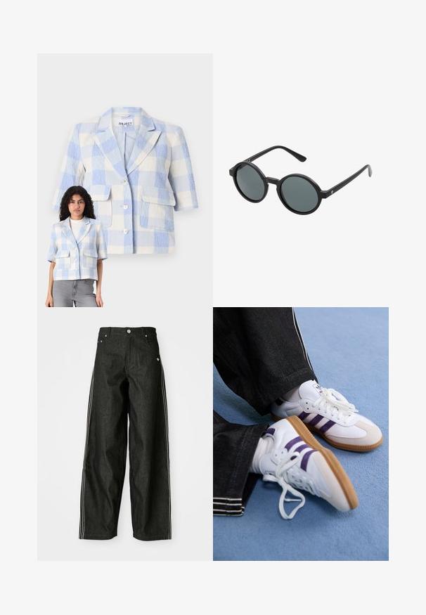 Sako kratkih rukava, u plavo-bijelim kariranim uzorcima. Teksturirana tkanina, dva prednja džepa, zatvaranje na dugme i opušteni kroj.; Žuta dukserica s crnim i crvenim detaljima. Sadrži grafiku bicikla i tekst "Cyclone". Izrađena je od mekog materijala, s nabranim rubom.; Crne traperice širokih nogavica s bijelim bočnim prugama, s prednjim džepovima, patentnim zatvaračem i suptilnim logotipom blizu struka.; Bijele atletske tenisice s ljubičastim prugama i smešnim gumama, sa okruglim vezicama i podstavljenim ovratnikom. Nosive s tamnoplavim trapericama.; Okružne sunčane naočale s crnim plastičnim okvirom i tamnosivim sočivima. Ima tanke, ravne drške s minimalističkim detaljima.