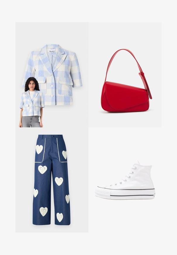 Korte mouw, geruite blazer in lichtblauw en wit. Getextureerde stof, twee voorzakken, knoopsluiting en een relaxte pasvorm.; Bloes met bloemenprint en lange pofmouwen, lichte crème basis, met paarse, oranje en groene bloemmotieven, en een klassiek kraagontwerp.; Sister Jane HEART TO HEART - Straight leg jeans - blue denim; Witte high-top canvas sneakers met een zwarte rubberen zool, een rubberen neuskap aan de voorkant en zes gaatjes voor veters, met een schone, minimalistische uitstraling.; Rode leren handtas met een hoekig, geometrisch ontwerp. Beschikt over een enkele verstelbare schouderriem en een klepclosure met gestikte details.