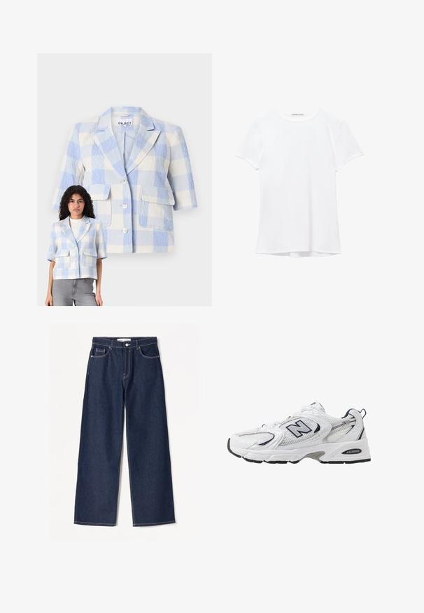 Krátky rukáv, károvaný blejzer svetlomodrej a bielej farby. Textúrovaná tkanina, dve predné vrecká, zapínanie na gombík a voľný strih.; Biela tričká s krátkym rukávom vyrobené z hladkej tkaniny, s okrúhlym výstrihom a jemnými švami na leme.; Tmavo modré široké džínsy z denimu s bielym prešívaním, obsahujúce dve predné vrecká a klasické zapínanie na gombíky.; Biele športové topánky s priedušným vrchným materiálom, námorníckymi akcentmi a polstrovanou podrážkou. Obsahujú logo "N", šnúrky a textúrovaný detail na boku.