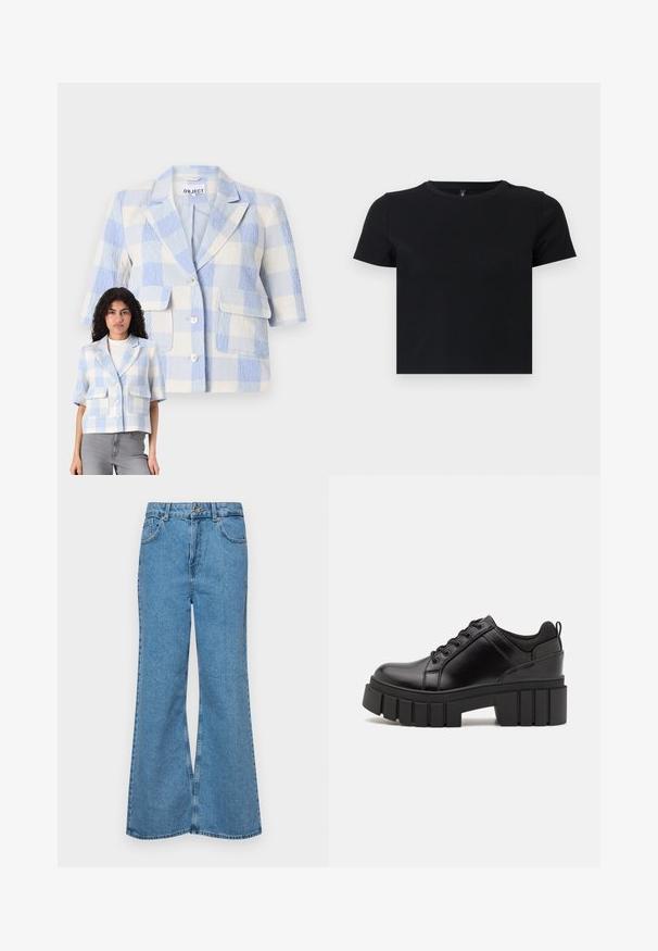 Short-sleeved, checked blazer in light blue and white. Textured fabric, two front pockets, button closure, and a relaxed fit.; Black short-sleeve t-shirt made from soft cotton. Features a round neckline and a fitted design. Smooth texture without patterns or accents.; Light blue flared jeans made of denim, featuring a high waist, five pockets, and a single button closure. Soft texture with faded finish.; Black leather platform shoes with a chunky block heel, round toe, and traditional lace-up design. Features smooth texture and minimal detailing.