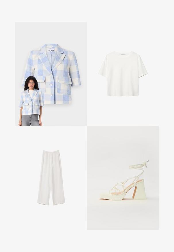 Blazer à manches courtes à carreaux en bleu clair et blanc. Tissu texturé, deux poches avant, fermeture par bouton et coupe décontractée.; T-shirt blanc à manches courtes en coton. Doté d'un col ras du cou et d'une coupe décontractée. Texture lisse sans motifs ni accents visibles.; Pantalons larges blancs en tissu léger. Dotés d'une taille élastique avec cordon de serrage et de poches latérales. Texture lisse.; Sandale blanche à talons hauts avec un talon épais, présentant un design à lanières et un lien autour de la cheville. Texture lisse avec une plateforme à l'avant pour une hauteur supplémentaire.