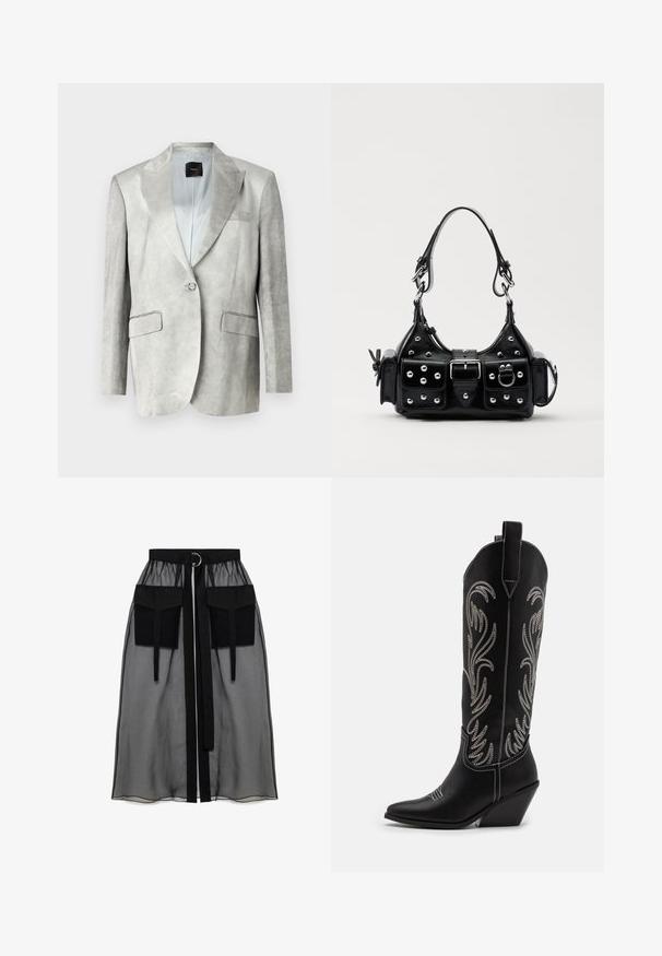 Heledhall hallide, sujuva tekstuuriga, nurgeliste krae ja ühe nööbiga sulgemisega, millel on kaks esi-taskut. Lihtne disain, kohandatud sobivus.; Musta pikkade varrukatega ülemus, mis on valmistatud läbipaistvast kangast, ümmarguse kaeluse, esise nuppluku ja laineliste servadega varrukatel.; Must mustriga seelik, millel on kogutud vöökoht, kaks suurt esitaskut, vöötie ja ringikujuline metallaktsent.; Mustad mustad nahast cowboy saapad terava ninaga, vööndkanna ja hõbedaste tikanditega lillemustritega varred. Kontrastõmblused üle kogu.; Must värvi nahast käekott, millel on kaarjas disain, hõbedased nupukesed, kinnitusahe ja kaks külgtaskut. Reguleeritav rihm erinevate kandmisvõimaluste jaoks.