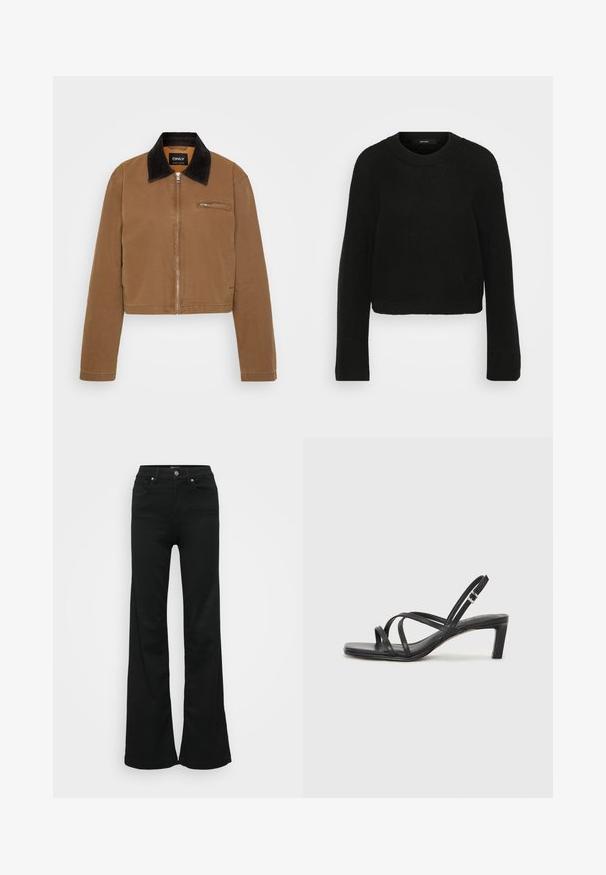 Ruskea lyhyt takki, jossa on musta plyysikaulus, edessä vetoketju ja rintatasku. Silkkinen kangas, jossa on vähäiset ompeluyksityiskohdat.; Mustat neulotut neulepaidat, joissa on pyöreä kaula-aukko ja pitkät hihat. Sisältää tekstuurisen kuvion ja lyhennetyn muotoilun.; Mustat levenevät farkut, valmistettu denimmateriaaleista. Korkea vyötärö, viisi taskua ja metallinen napitus. Sileä pinta, jossa on minimaalinen yksityiskohtaisuus.; Mustat hihnalligat, joissa on neliön muotoinen kärki ja matala lohkokorko. Ominaisuuksiin kuuluu useita ohuita hihnoja ja säädettävä nilkkahihna. Valmistettu sileästä nahasta.