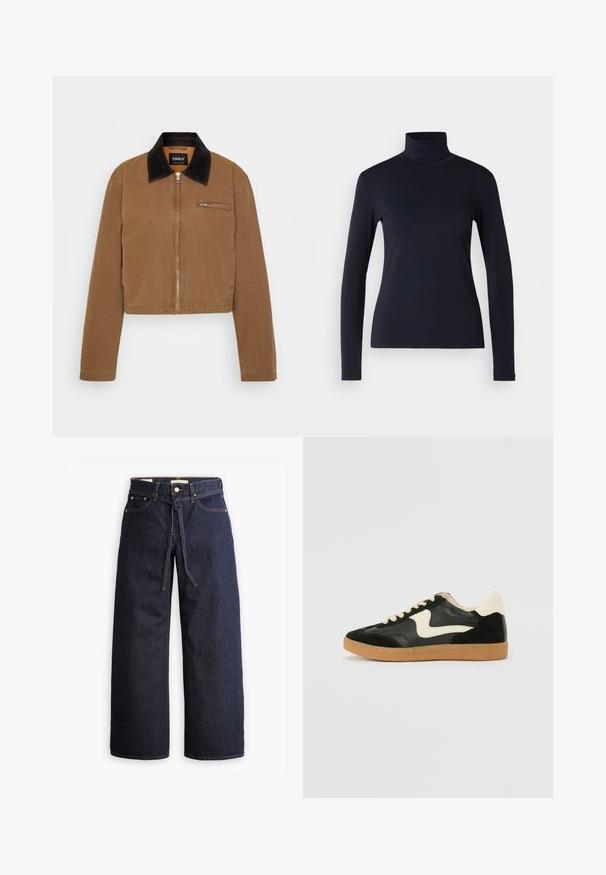 Ruskea lyhyt takki, jossa on musta plyysikaulus, edessä vetoketju ja rintatasku. Silkkinen kangas, jossa on vähäiset ompeluyksityiskohdat.; Laivastonsininen kauluri pitkähihaisena puserona. Valmistettu pehmeästä kankaasta, jossa on tasainen pinta. Ominaisuuksiin kuuluu muotoiltu malli ja korkea kaulus ilman näkyviä saumoja.; Korkeavyötäröiset tummansiniset leveälahkeiset farkut, joissa on narunauhakuja, viisi taskua ja kontrastiväriset ompeluseikat.; Mustat mokka- ja nahkakengät, joissa on kermaisen valkoinen sivupainatus ja vaalea kermaisine kantapää. Varustettu beigeillä nauhoilla ja kumista valmistetulla ulkopohjalla.