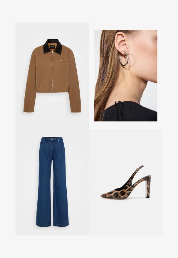Brown cropped jacket with a black corduroy collar, front zipper, and a chest pocket. Smooth fabric with minimal stitching details.; Black ribbed short-sleeve t-shirt with a round neckline. Soft texture and fitted design, featuring a straight hem and minimal detailing.; Wide-leg blue denim jeans with a high waist, front button and zipper closure, and front and back pockets against a plain background.; Leopard print slingback pump with a pointed toe and transparent block heel. Made of glossy material with a smooth texture.; Silver hoop earring with a polished finish, featuring small gold accent details and a round shape, worn on the lobe.