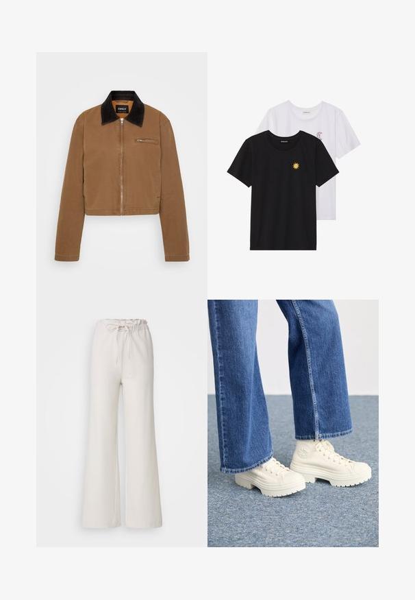 Barna cropped dzseki fekete kordbársony gallérral, elülső cipzárral és egy mellzsebbel. Simább anyag minimális varrási részletekkel.; Fekete és fehér T-shirtok, kerek nyakkivágással, rövid ujjakkal. A fekete pólón sárga nap hímzés található; a fehér póló lila félhold díszítéssel rendelkezik.; Világos bézs, bőszárú nadrág, elasztikus derékkal és állítható kötélnyakkal. Simább anyagból készült; egyszerű, dísztelen dizájn jellemzi.; Fehér magas szárú sportcipők vastag, bordás talppal és kör alakú logó részlettel, világoskék, bőszárú farmernadrággal viselve.