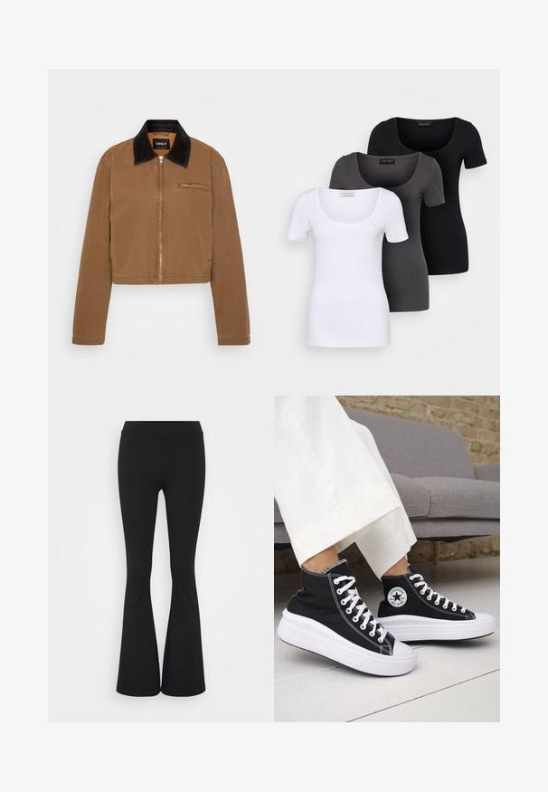 Brown cropped jacket with a black corduroy collar, front zipper, and a chest pocket. Smooth fabric with minimal stitching details.; Three fitted T-shirts in white, gray, and black. Each features a wide scoop neckline and short sleeves. Made from smooth, stretchy fabric.; Black flared pants made of stretchy fabric, featuring a high waistband and a smooth texture. The pants flare out from the knee.; Black high-top sneakers with white rubber soles and laces. Features a round logo patch and contrasting white stitching. Canvas material.