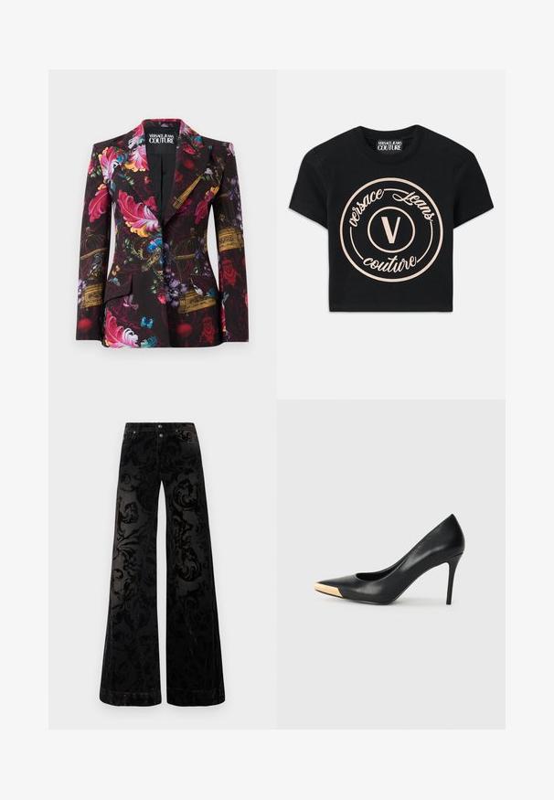 Mustakate ja värviliste lillede, linnumaja, liblikate ja lindude mustritega bleiser, millel on nürikrae ja üheinine nööp.; Mustmust värvi puuvillane T-särk, millel on suur beež ümmargune logo, kus on kirjas "Versace Jeans Couture" ning keskel elegantses fondis "V". Lühikesed varrukad.; Mustad laia säärega püksid, mis on valmistatud mustrilisest sametist ja millel on tekstuurse keerisega disain, kaks eesmist nuppu ja klassikaline teksastiil.; Mustmust suured mõõgapead; pöidla kurgus on metallist kullatooni aktsent. Sile pind ja peen disain.