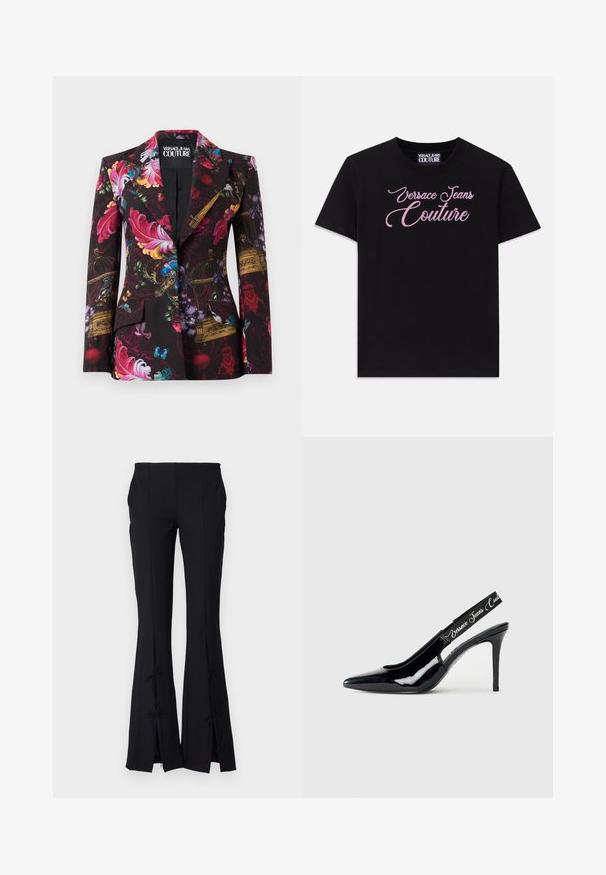 Melns žakets ar krāsainiem ziedu, putnu būrīšu, tauriņu un putnu rakstiem, ar izgriezumu uz apkakles un vienu pogu.; Melns kokvilnas t-krekls ar īsām piedurknēm, kura krūtīs ir rozā akmens pērlītēm rotāts "Versace Jeans Couture" uzraksts.; Melni plati bikses, izgatavotas no gludas auduma, ar slēptiem griezumiem apakšējā malā, kas aizsieti ar lentēm papildus detaļām.; Melna lakota āda ar aizsistēm slingi, ar norādītas formas purngalu, kas satur izgriezumu un elastīgu siksniņu ar iegravētu zīmola nosaukumu.