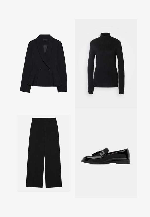 Mustapekoinen peplum-takki, jossa on huippulapeli, kaksinkertainen napitus, kultaiset yksityiskohdat ja strukturoidut muodot. Sujuva kankaan rakenne.; Musta poolneule, joka on valmistettu pehmeästä neulekankaasta. Se on pitkähihainen ja hyvin istuva, jossa on ribbollinen kaulus ja vyötärö.; Löysi mustat housut, jotka on valmistettu sileästä kankaasta. Niissä on tasainen vyötärö, jossa on vyölenkit, eikä näkyviä taskuja. Yksinkertainen muotoilu.; Musta patentoitu nahkakengät, joissa on litteä korko, tasselikoriste ja sileä pinta, muotoiltu pyöreällä varvalla ja huomaamattomalla ompeleella.