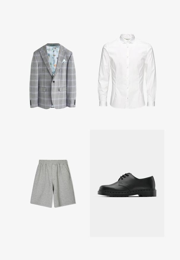 Sivý károvaný blazer s svetlomodrou kvetinovou podšívkou, dvoma prednými vreckami, výstrihom s klopami a predným zapínaním na jeden gombík.; Biela košeľa s dlhým rukávom a zapínaním na gombíky, vyrobená z hladkého materiálu. Má klasický golier, predné gombíky a manžety na jeden gombík. Slim fit strih.; Šedé bavlnené šortky s elastickým pásom, so bočnými vreckami a voľným strihom. Hladká textúra a dĺžka po kolená.; Čierne kožené oxfordky s viazaním, zaoblenou špičkou, plochou gumovou podrážkou a jemným prešívaním pozdĺž hornej časti.