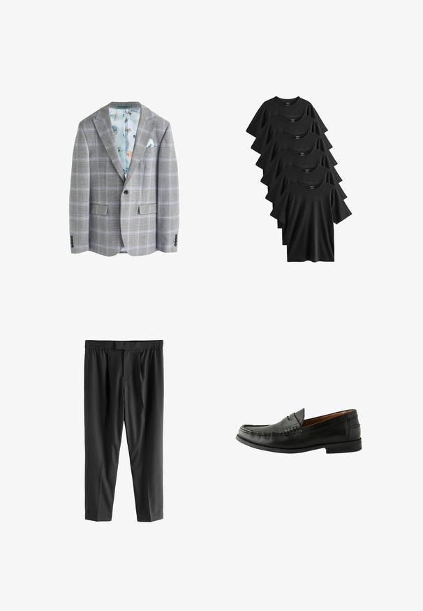 Sacou gri cu carouri, căptușit cu un material floral de culoare albastră deschisă, având două buzunare frontale, rever în formă de decupaj și închidere frontală cu un singur nasture.; Set de șase tricouri negre cu mânecă scurtă, fabricate din bumbac, având guler rotund și tiv drept, cu o textură netedă.; Next REGULAR FIT -CHECK SMART - Pantaloni chino - black; Mocasini din piele neagră cu un finisaj neted, vârf rotund, detalii cusute manual și o talpă joasă din cauciuc. Design clasic și versatil.