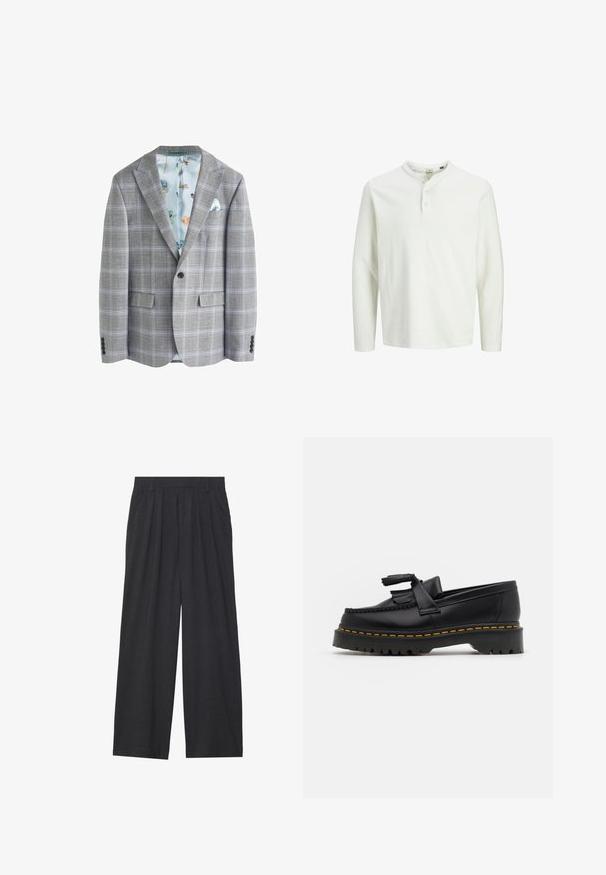 Grijze ruitblazer met een lichtblauwe bloemenvoering, twee voorzakken, notched revers en een enkele knoopsluiting aan de voorkant.; Witte lange mouwen henley shirt met drie knopen en een ronde halslijn, weergegeven op een effen witte achtergrond.; Wijd-uitlopende broeken van donkergrijze stof. Kenmerken zijn plooien bij de taille, een tailor-made ontwerp en een rechte silhouet.; Zwarte leren loafers met een franjesaccent, voorzien van een dikke zwarte zool en gele stiksels langs de rand. Gevoelige afwerking.