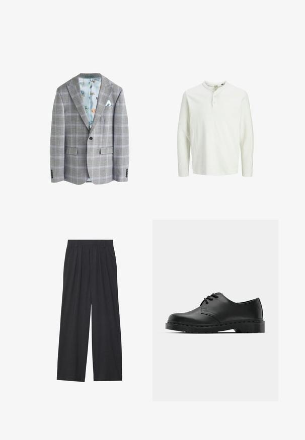 Grau karierter Blazer mit einem hellblauen floralen Innenfutter, zwei vorderen Taschen, Reverskragen und einer einzelnen Knopfleiste vorne.; Weißes Langarm-Henley-Shirt mit drei Knöpfen und rundem Ausschnitt, auf einem schlichten weißen Hintergrund präsentiert.; Weit geschnittene Hosen aus dunkelgrauem Stoff. Merkmale sind Falten an der Taille, ein maßgeschneiderter Schnitt und eine gerade Silhouette.; Schwarze Leder-Oxford-Schuhe mit Schnürdesign, runder Zehenform, flacher Gummisohle und subtilen Nähten entlang des oberen Teils.