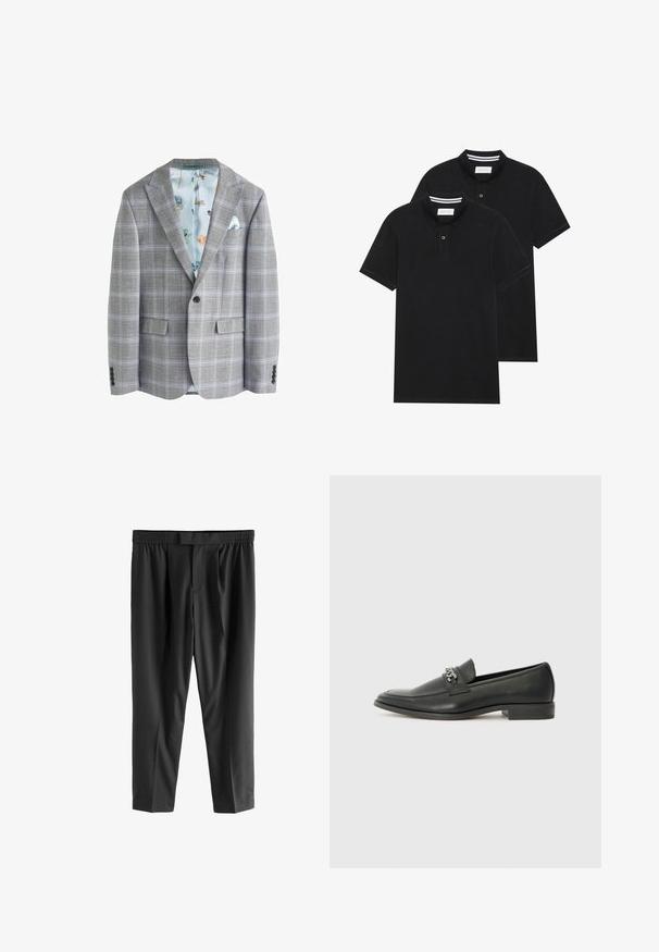 Harmaa ruutukuosisakko, jossa on vaaleansininen kukkakuosisisustus, kaksi etutaskua, leikkausalat ja yksittäinen napituskfrontti.; Kaksi mustaa lyhythihaista poolopaitaa, puuvillamateriaalia, joissa on klassinen kaulus, kahden napin napitus ja valkoiset raidat kauluksen sisällä.; Next REGULAR FIT -CHECK SMART - Chinot - black; Musta nahkakengät, joissa on sileä pinta, koristeelliset ompeleet ja metalliketjun yksityiskohta kengän päällä. Littee korko.