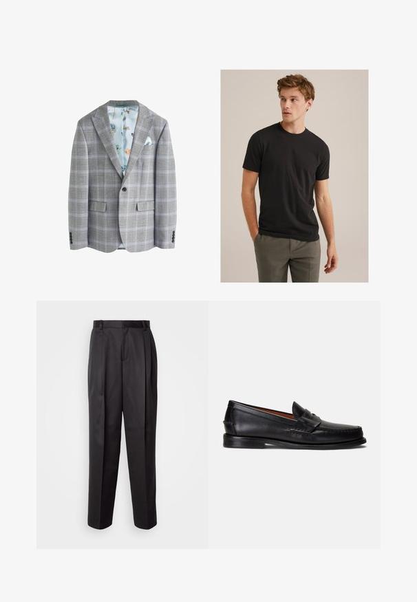 Szary marynarka w kratę z jasnoniebieską kwiatową podszewką, dwoma przednimi kieszeniami, klapami typu notch oraz z jednobutonowym zapięciem z przodu.; Młody mężczyzna z kręconymi jasnobrązowymi włosami, ubrany w czarną koszulkę z krótkim rękawem i szare spodnie, patrzy w lewo z rękami w kieszeniach.; Czarne spodnie wykonane z gładkiego materiału, z prostym krojem, przednimi zmarszczkami i szlufkami na pasek, o dopasowanym i uporządkowanym fasonie.; Czarne skórzane mokasyny z gładkim wykończeniem, zaokrąglonym noskiem i ozdobnym paskiem na cholewce. Posiadają niską czarną podeszwę.